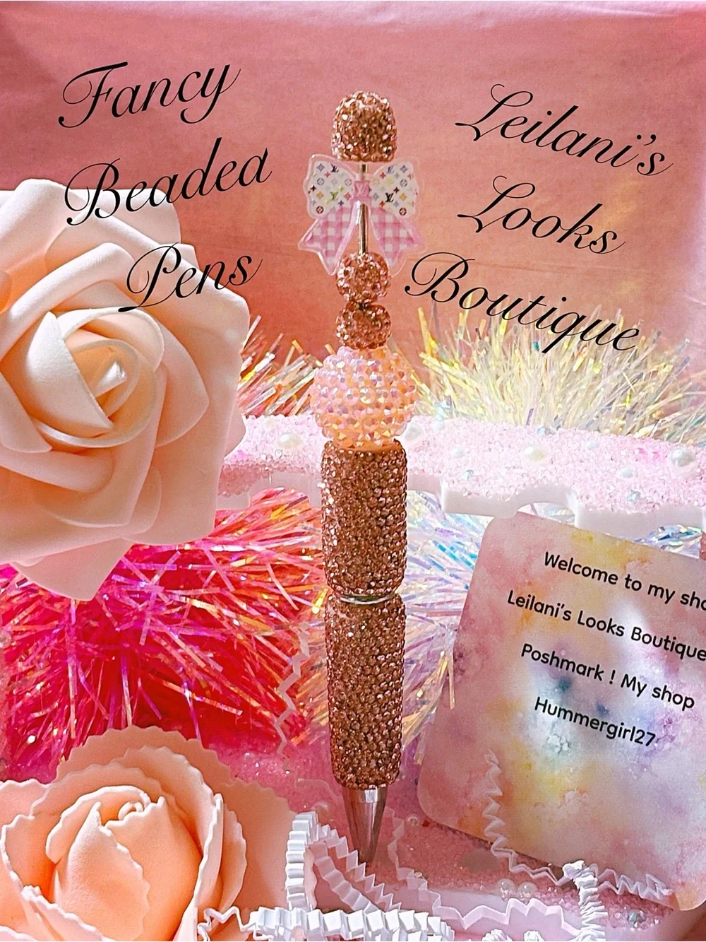 Pink Beaded Decorative Pen/pink beads/girly/white bow/